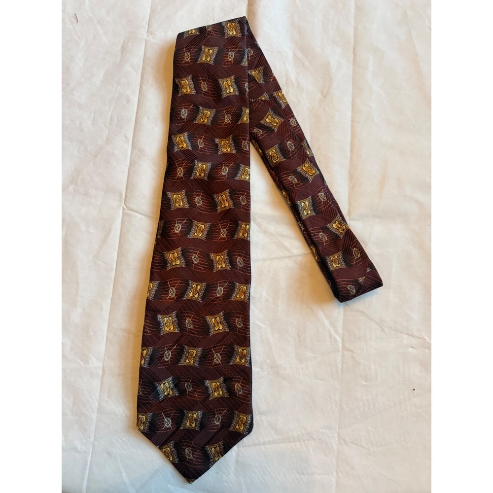 Robert Talbott Studio Silk Necktie Burgundy Geometric Square Pattern Hand Sewn
